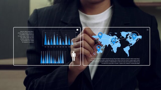 Business professional analyzing global market dashboard with location markers and data charts, representing geographic intelligence, market tracking and business analytics for infographic video and co