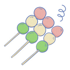 Hand drawn vector of colorful mochi skewers. Ideal for dessert packaging, food stickers, or Japanese culture artwork.