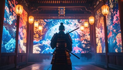 Obraz premium Samurai Warrior with Katana in Japanese Temple with Night Scene.