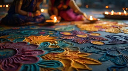 photo of colorful rangoli patterns made with flower petals and powders