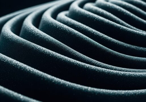 Abstract closeup of dark, textured fabric folded into swirling, wavelike patterns with subtle glitter