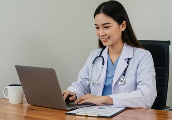 Asian female doctor in white lab coat with stethoscope smiles while working on a laptop at her desk
