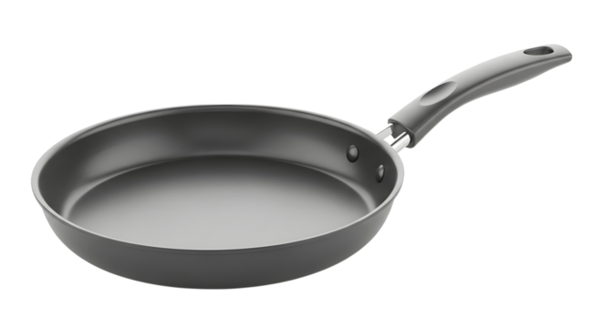 Empty black nonstick frying pan for cooking, a kitchen skillet utensil object isolated on a clean white background with no shadow or logo