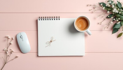 Blank Notebook with Coffee, Mouse, and Flowers on Light Pink Wood for Content Creation and Design Layout
