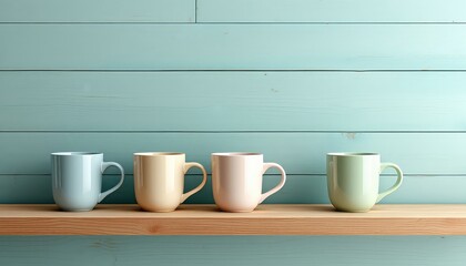 Fototapeta premium Pastel cups lined up on a wooden shelf against a light blue plank background for a calm and serene aesthetic