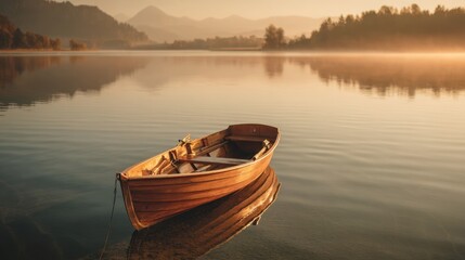 Obraz premium Serene Lake Landscape with a Rowboat: A solitary wooden rowboat peacefully floats upon a tranquil lake, reflecting the warm hues of the sunrise. The scene evokes a sense of calm and introspection.