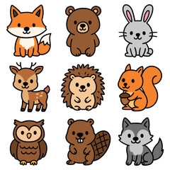 Hand-drawn cartoon animal icon set isolated on white background. Fox, bear, hare, deer, hedgehog, squirrel, owl, beaver, wolf. Vector illustration.