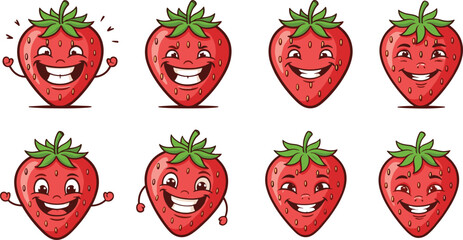 Cute cartoon strawberry characters, funny smiling strawberry fruit mascots, adorable red berry illustrations, happy fruit clipart for kids design projects