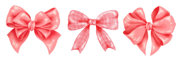 Vector set of red watercolor bows made of ribbons in various festive shapes and styles for creative projects scrapbooking and decorative design elements