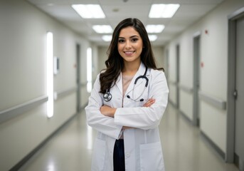 Smiling young female doctor in white lab coat with stethoscope stands confidently in a bright hospital corridor