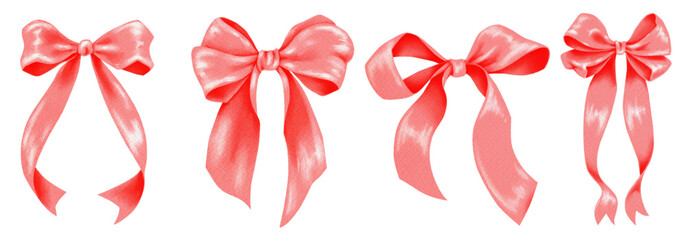 Vector set of red watercolor bows made of ribbons in various festive shapes and styles for creative projects scrapbooking and decorative design elements