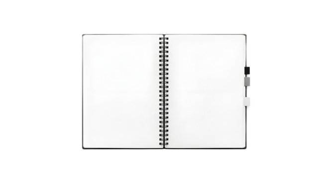 An open spiral-bound notebook with clean blank pages, a plain object isolated on a stark white background with no shadow, perfect for mockup or template