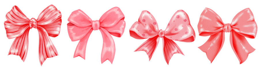 Vector set of red watercolor bows made of ribbons in various festive shapes and styles for creative projects scrapbooking and decorative design elements