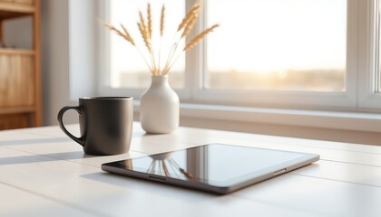 Work from Home A Tablet and Coffee Mug Sit on a Bright, Minimalist Tabletop Near a Sunny Window