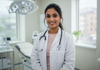 Smiling female dentist wearing a white lab coat and stethoscope in a modern dental clinic examination room