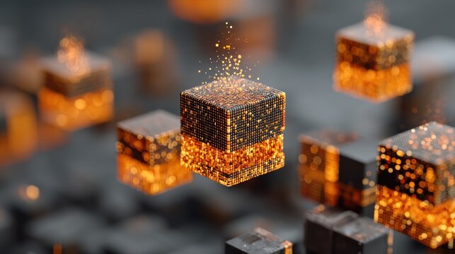A collection of glowing, digital cubes hover in a dark, futuristic space.
