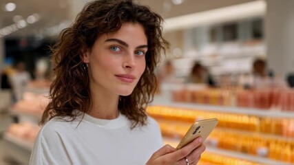 Medium shot showing a user engaging with an AR shopping app to visualize makeup products on their face with a clear focus on the screen and a blurred environment behind - Powered by Adobe