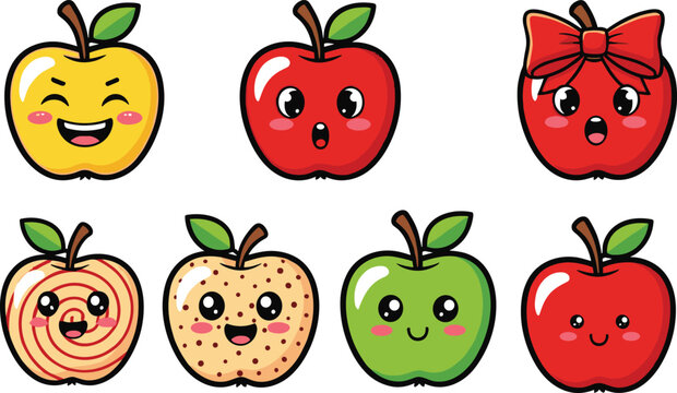 Cute cartoon apples with funny faces, kawaii fruit characters, happy green, red and yellow apple emoji illustration set for clipart