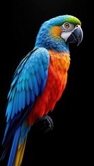 Obraz premium Brilliant Colors on a Tropical Parrot Perched Against a Dark Backdrop, a Stunning Avian Portrait