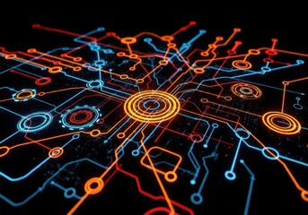 Abstract digital circuit board with glowing orange and blue lines on a black background, symbolizing technology and data flow
