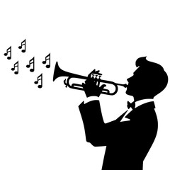 Silhouette of a Trumpeter: A dapper trumpeter plays a melodious tune on his trumpet, the musical notes dancing in the air around him.