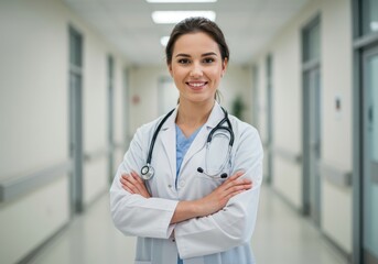 Smiling female doctor in white coat with stethoscope stands confidently in a well lit hospital corridor