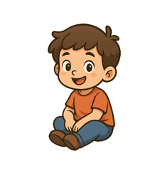 Fototapeta premium Cute cartoon boy sitting and smiling illustration Adorable cartoon illustration of a young boy sitting cross-legged and smiling happily. Perfect for children’s books, educational materials, kids fash