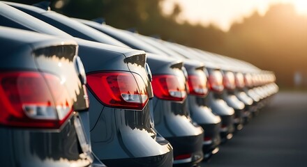 Row of Gray Cars with Red Taillights Gleaming in the Golden Hour Light