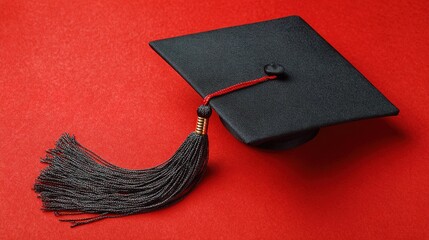 scholar. A graduation cap with a tassel, isolated on a solid red background. event programs, museum guides, designed for cultural heritage projects and event programs, preserves heritage.