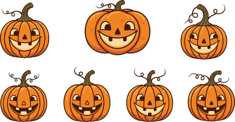 Cute cartoon Halloween pumpkins with smiling faces, funny jack o lantern set, happy spooky pumpkin illustration for holiday decoration clipart