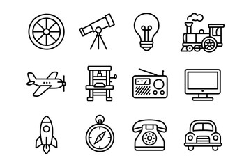Vintage technology icons in linear style featuring transportation and communication devices