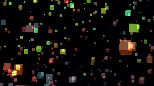 Pixelated 3d cubes in varied colors on black backdrop for modern graphics design and abstract backgrounds in digital art.