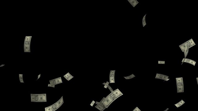 Animation of 5 dollar cash money falling and floating in the air on transparent background