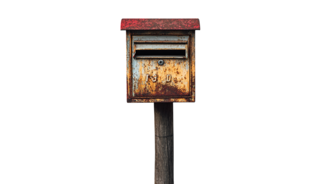Weathered rural mailbox isolated on transparent background