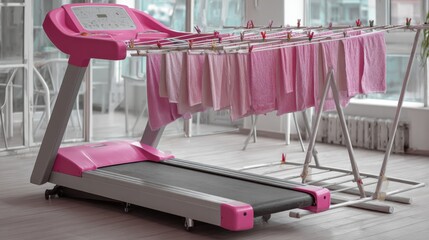 Drying clothes on a treadmill innovative laundry solution in a modern apartment indoor unique perspective