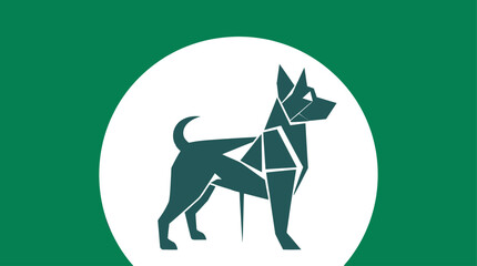 Obraz premium Graphic illustration of a dog in geometric shapes against a white circle and green background.