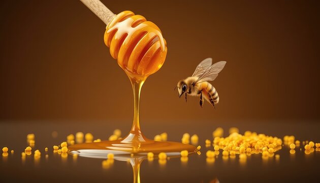 Honey drips from a dipper as a bee hovers near pollen against a warm background, showcasing the connection to nature and sweetness