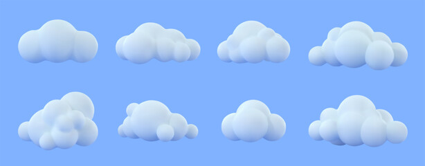 Fototapeta premium White fluffy 3D clouds. Cartoon puffy cumulus shapes, floating abstract bubble soft cloud and cloudy weather symbol icons. Isolated dreamy cloudscape elements vector set