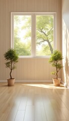 Peaceful room with bright window, light wood panels, light wood flooring, and small potted trees
