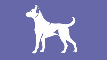 Silhouette of a standing white dog against a purple background.