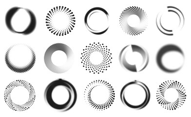 Obraz na płótnie Canvas Halftone circular frames. Abstract dotted circle borders, round gradient rings and blurred swirl radial shapes with geometric half tone effect. Retro dotwork frame vector set