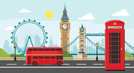 London city travel vector illustration with big ben bus telephone booth and london eye scene design