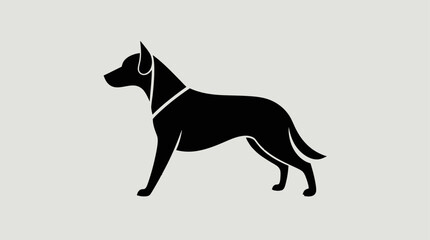 Silhouette of a dog standing in profile, with a collar, against a light gray background.