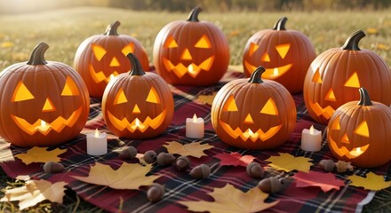 Glowing jackolanterns and fall foliage on a tartan blanket in a field