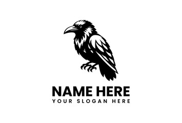 Silhouette Raven Perched with Detailed Feathers and Sharp Talons Logo.