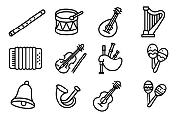 Musical instrument icons: linear style collection with flute, drum, guitar, and more