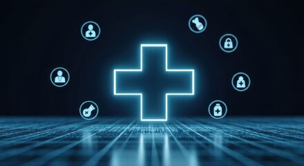 Obraz premium Glowing plus sign surrounded by digital icons on dark background