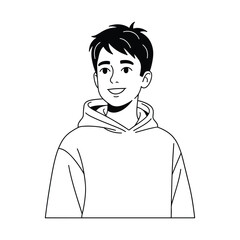 Black and white outline vector illustration of a boy with casual hoodie style