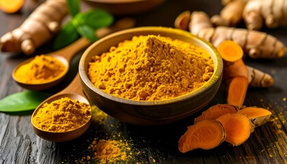 Turmeric powder in a wooden bowl, surrounded by fresh turmeric roots and leaves