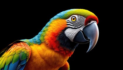Obraz premium Colorful Macaw with Detailed Feathers and Bold Black Background Showing Exotic Plumage Close Up